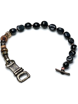 Mey Atelier Agor - Obsidyen Tiger Eye Bronz Antika Kilitli Erkek Bileklik MEY2412039