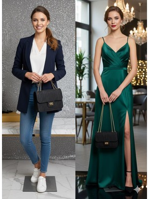 Velvet Rush Siyah Yansımalı Saten Kilit ve Zincir Askı Detay Şık Çanta