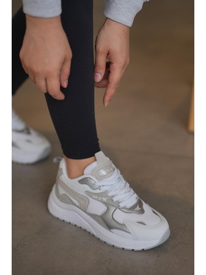 Solazer Kadın Beyaz Gümüş Sneaker Günlük Spor Ayakkabı 086