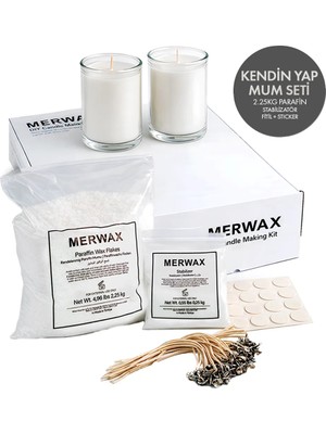 Merwax Parafin Mum Yapım Seti – 2,25kg Parafin, Stabilizatör, Pamuk Fitil ve Yapıştırıcı ile Mum Yapım Seti