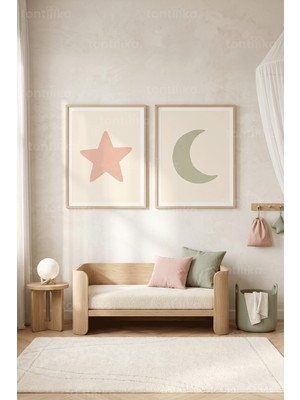 Tontilika Minimalist Yıldız ve Ay 2'li Ahşap Çerçeveli Tablo Seti
