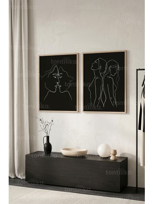 Tontilika Minimalist Çizgi Sanatı 2'li Ahşap Çerçeveli Tablo Seti