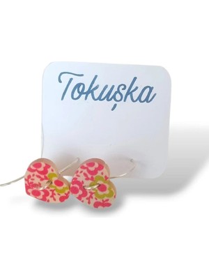 Tokuşka Ahşap Kalp Şekilli Pembe Yeşil Çiçek Desen Baskılı Düğme Sallantılı Küpe