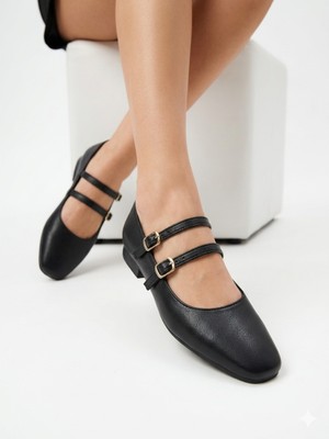 Kaof Shoes Kadın Siyah Babet Çift Tokalı Çift Bantlı Kemerli Babet Kadın Günlük Ayakkabı Ortopedik Rahat Babet