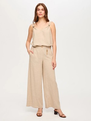 Faik Sönmez Wide Leg Fit Metal Aksesuarlı Keten Karışımlı Pantolon S26PNT034