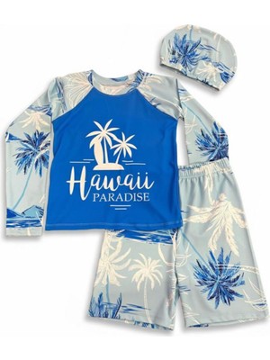 Miniğimin Cicileri Hawaii Baskılı Boneli Erkek Çocuk Mayo Takımı - Mavi