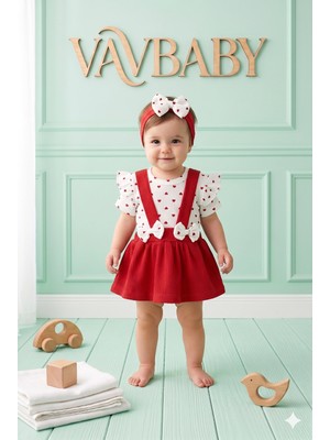 Vavbaby  Kız Bebek Kalp Desenli Bandanalı Kısa Kollu Askılı Jile Elbise ve Çıt Çıt Body Takımı - Kırmızı-Beyaz