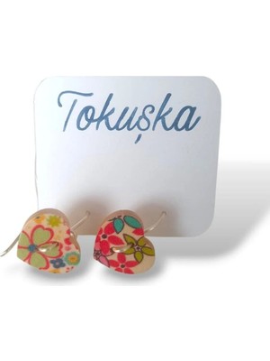 Tokuşka Ahşap Kalp Şekilli Karma Çiçek Desenli Baskılı Düğme Sallantılı Küpe