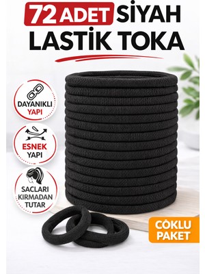 Uravas Store 72 Adet Siyah Lastik Toka Kalın Saç Lastiği Dayanıklı Esnek Saç Toplama Tokası Kadın ve Kız Çocuk S