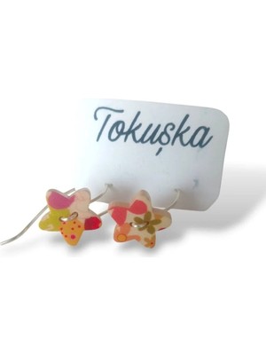 Tokuşka Ahşap Yıldız Şekilli Soft Renk Desen Baskılı Düğme Sallantılı Küpe