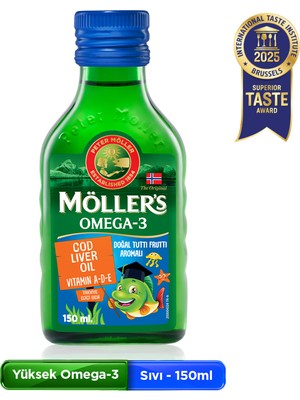 Möller's Omega 3 Tutti Frutti 150 ml; saf morina balığı yağı, IFOS Onaylı, DHA, EPA, A D E vitamini. Çocuklar ve yetişkinler için doğal omega-3 takviyesi.