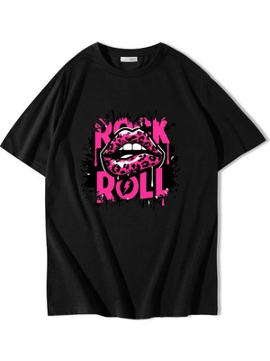 Brz Collection Unisex Oversize Rock'n Roll Lips T-Shirt Siyah