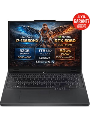 Lenovo Legion 5 15IRX10 Intel Core i7-13650HX 32GB 1TB SSD RTX 5060 8GB 15.3" WUXGA (1920X1200) IPS 165Hz 115W Freedos Taşınabilir Bilgisayar 83LY00PYTR