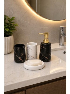 Pinkev 4'lü Mermer Desen Seramik Banyo Seti