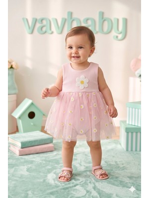 Vavbaby Kız Bebek Papatya Kabartma Desenli Çıtçıtlı Badi Zıbın Tütü Elbise-Pembe