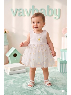 Vavbaby Kız Bebek Papatya Kabartma Desenli Çıtçıtlı Badi Zıbın Tütü Elbise-Beyaz