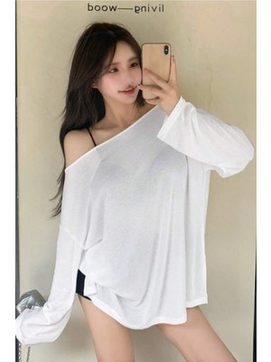 Tarz Cool Kadın Oversize Düşük Omuz Flamlı Pamuk Bluz – Salaş Yazlık Ince Dokulu Basic Tişört