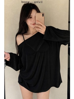 Tarz Cool Kadın Oversize Düşük Omuz Flamlı Pamuk Bluz – Salaş Yazlık Ince Dokulu Basic Tişört