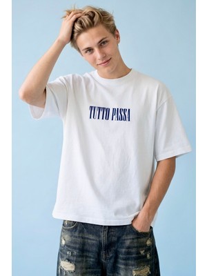 Hoxie Unisex Beyaz Tutto Passa Sırt ve Göğüs Baskılı Oversize T-Shirt