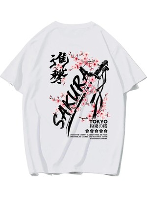 Brz Collection Unisex Oversize Sakura Tokyo T-Shirt (Beyaz)