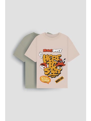 Perendi %100 Pamuk Ikili Here To Stay Baskılı Tişört Ikili Erkek Çocuk Oversize Tişört