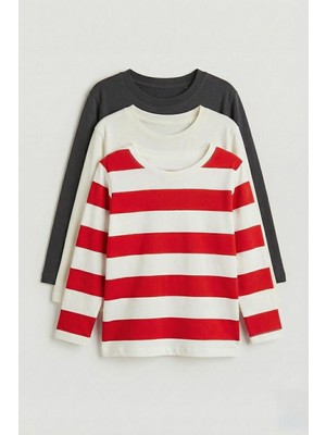Perendi Unisex %100 Pamuk Uzun Kollu 3'lü Çocuk Sweatshirt Seti – Çizgili & Düz Basic