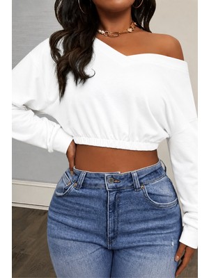 Tarz Cool Kadın Omuz Dekolteli Lastikli Crop Sweatshirt %100 Pamuk