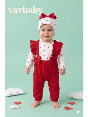 Vavbaby Kız Bebek Kalp Desenli Fiyonklu Fırfırlı Bebek Salopet Tulum ve Bere