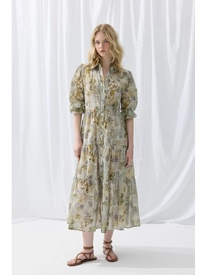 Gusto Iz Koleksiyon Eco Print Rahat Kesim Uzun Elbise - Yeşil