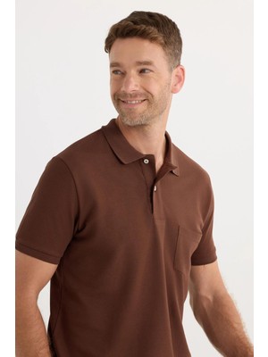Tudors Erkek Regular Fit Klasik Kesim %100 Pamuk Düz Pike Koyu Kahverengi Polo Yaka Tişört