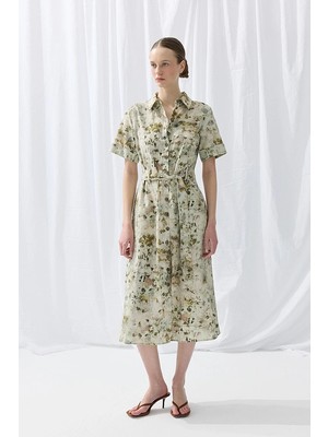 Gusto Iz Koleksiyonu Eco Print Keten Midi Gömlek Elbise - Yeşil
