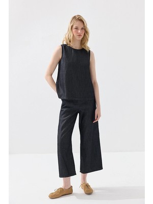Gusto Tensel Denim Kolsuz Bluz - Lacivert
