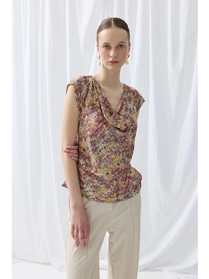 Gusto Iz Koleksiyonu Eco Print Degaje Yaka Bluz - Mor