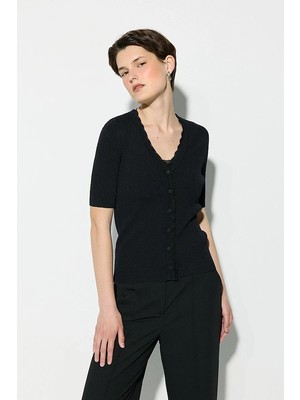 Gusto Dantel Şeritli Rayon Triko Hırka - Siyah