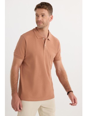Tudors Erkek Regular Fit Klasik Kesim %100 Pamuk Düz Pike Kahverengi Polo Yaka Tişört