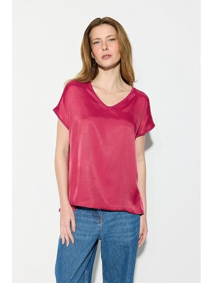 Gusto V Yaka Önü Saten T-Shirt - Fuşya