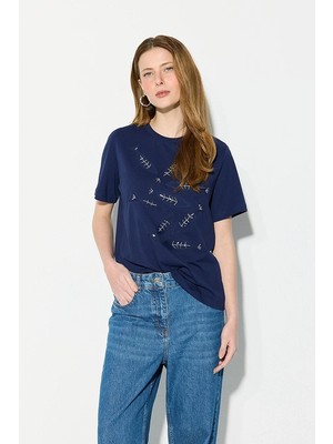 Gusto Balık Temalı Boncuk Işlemeli Pamuk T-Shirt - Lacivert
