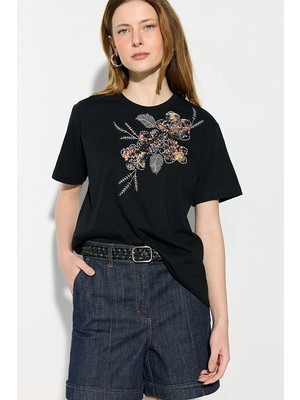 Gusto Nakışlı Pamuk T-Shirt - Siyah