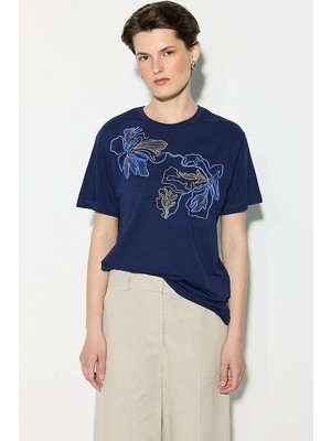 Gusto Çiçek Nakışlı Pamuk T-Shirt - Lacivert