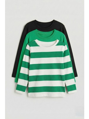 Perendi Unisex %100 Pamuk Uzun Kollu 3'lü Çocuk Sweatshirt Seti – Çizgili & Düz Basic