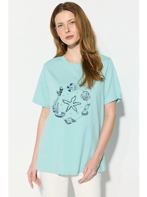 Gusto Deniz Temalı Boncuk Işlemeli Pamuk T-Shirt - Turkuaz