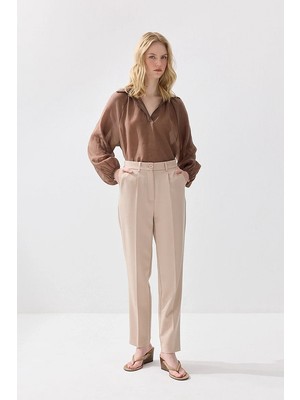 Gusto Arka Beli Lastikli Sigaret Pantolon - Bej