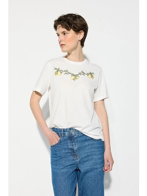 Gusto Limon Nakışlı Pamuk T-Shirt - Beyaz