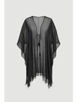 Gusto Bağcıklı Uzun Kimono - Siyah