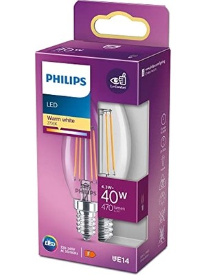 Cekar Store Philips LED Classic 40W B35 LED Mum Filament Ampul, 2700K Sarı Işık, E14 Ince Duy, Dim Edilmez