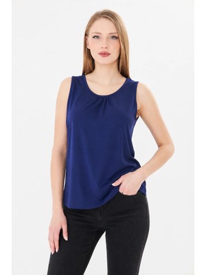 Sortie Collection Kadın Yaka Büzgülü Kolsuz Rahat Kesim Basic Modal  Bluz Indigo