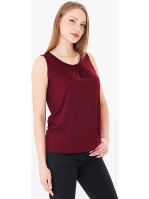 Sortie Collection Kadın Yaka Büzgülü Kolsuz Rahat Kesim Basic Modal  Bluz Bordo