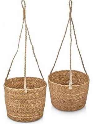 Cekar Store Deconox 2'li Asılabilir El Yapımı ve Doğal Yuvarlak Hasır Saksılık Seti, 2'li Ipli Asılabilir Hasır Yuvarlak Saksı Seti (23CM*18CM-20CM*15CM)