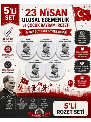 23 Nisan Ulusal Egemenlik ve Çocuk Bayramı Rozet Çanta Rozeti-Yaka Iğnesi (44MM) 5 Adet