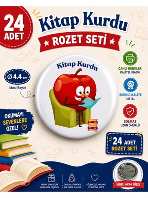 Kitap Kurdu Öğrenci Metal Buton Rozet Broş-Çanta Rozeti-Yaka Iğnesi (44MM) 24 Adet